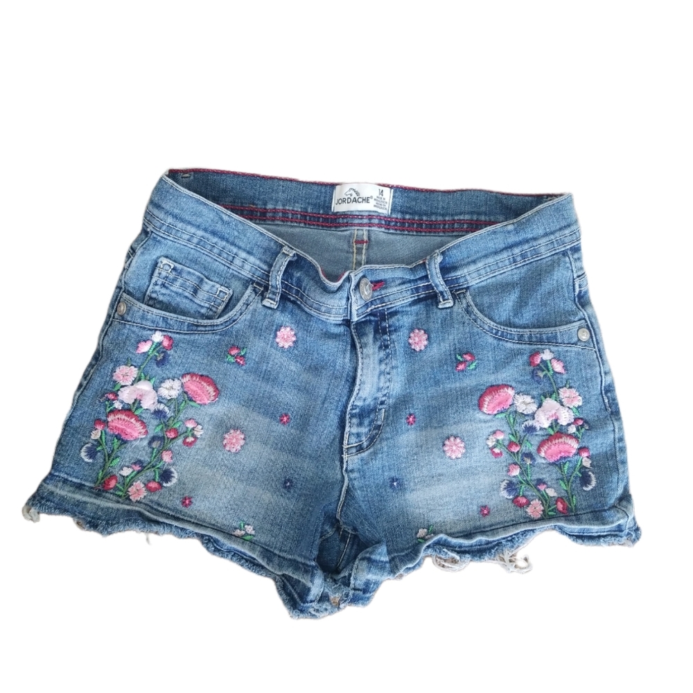 JORDACHE Girls embroidered denim cut off shorts Size 14